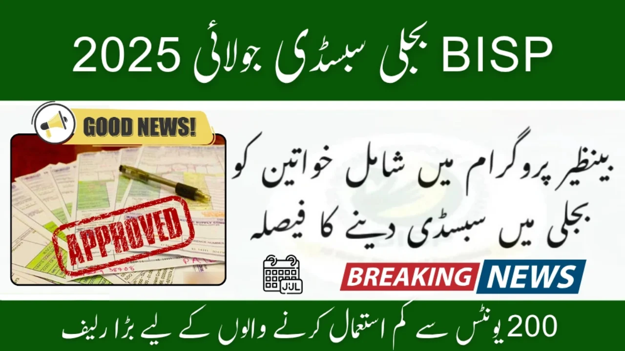 BISP Electricity Subsidy July 2025 – Monthly Bill Discount for Families Using Under 200 Units